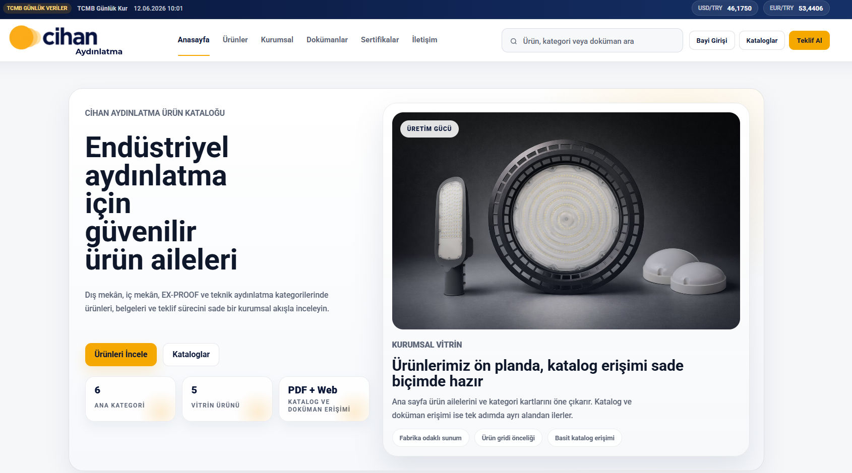 Cihan Aydınlatma kurumsal katalog ana sayfası