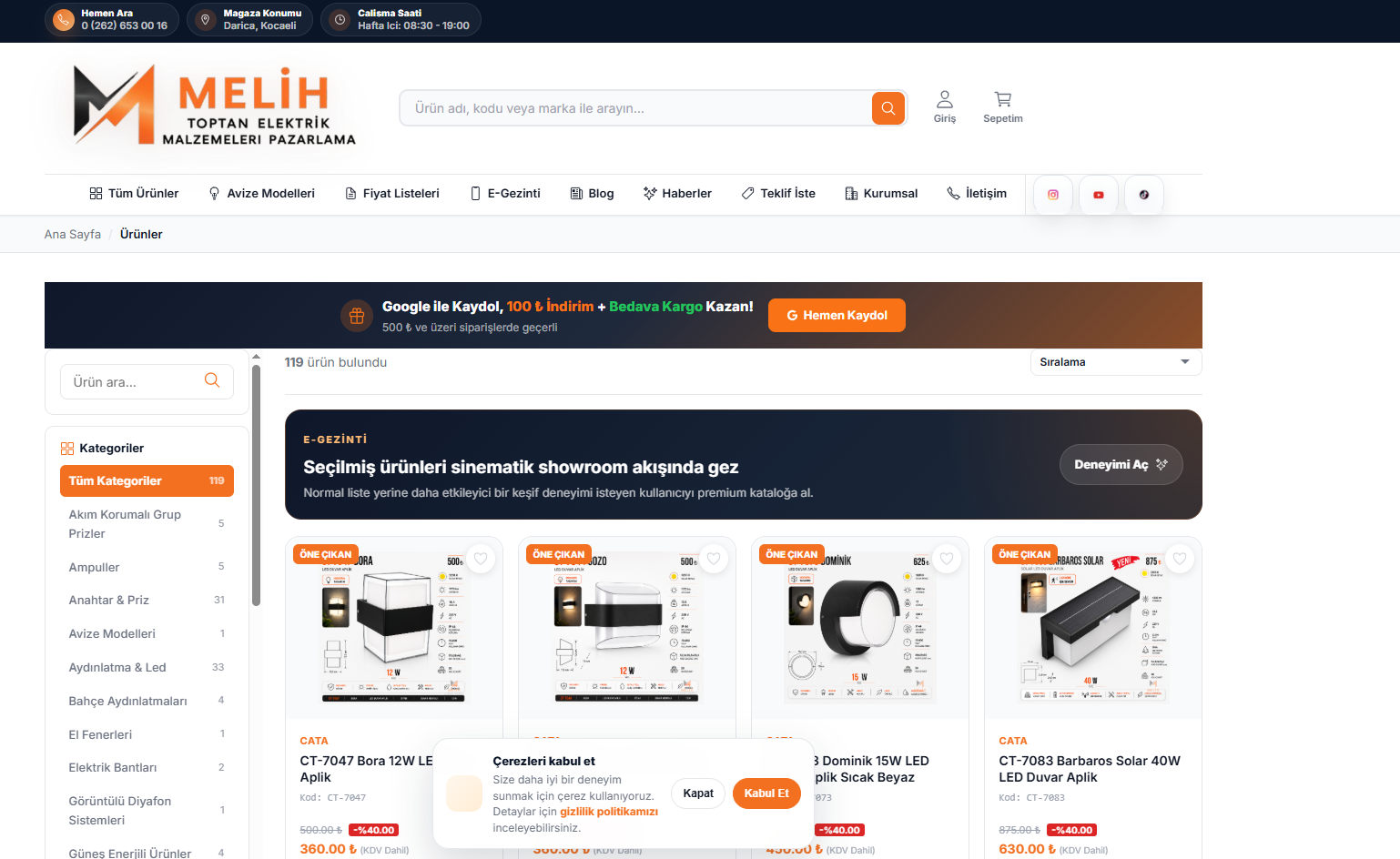 Melih Elektrik ürün listeleme ve e-ticaret arayüzü