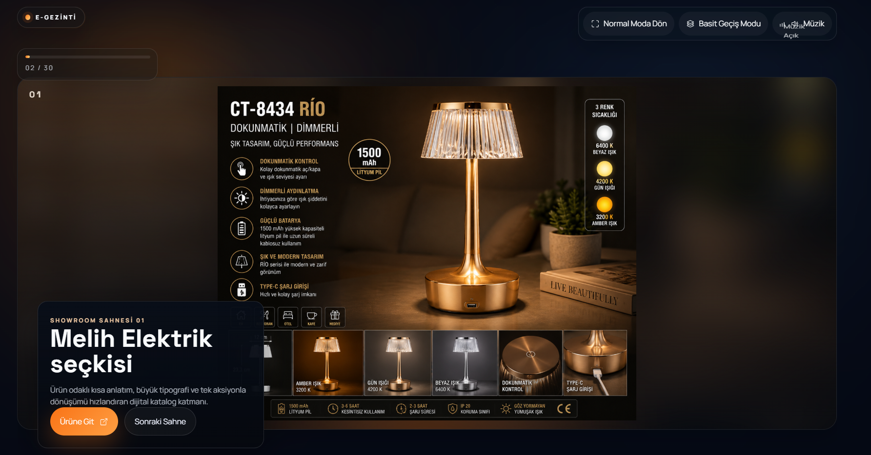 Melih Elektrik e-gezinti katalog showroom sahnesi