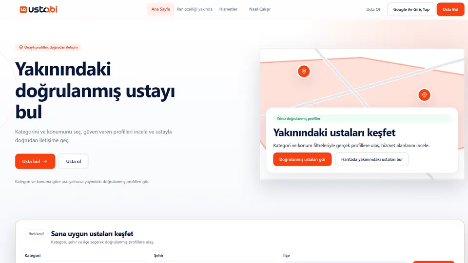 Ustabi hizmet keşfi ekranı