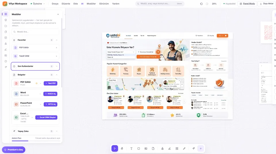 Vifyo Workspace çalışma alanı ekranı